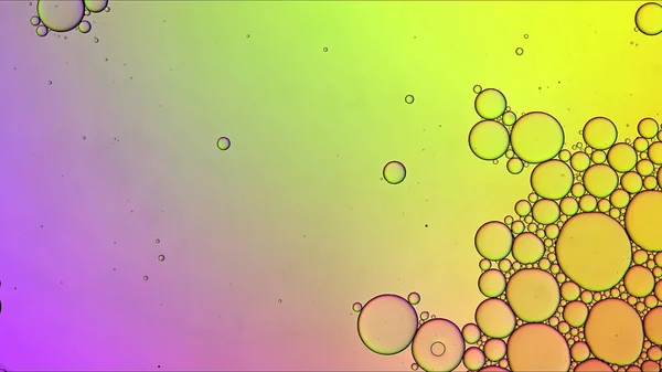 Анотація Барвиста Їжа Олія Краплі Бульбашки Сфери Течуть Поверхні Води — стокове фото
