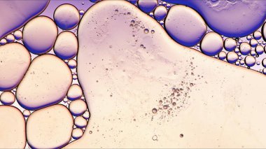 Soyut Renkli Gıda Yağı Kabarcıkları ve Küreler Su Yüzeyi Makro Fotoğrafçılığına Akıyor