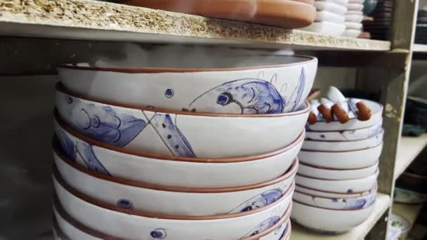 Keramik Tillverkad Med Lera Och Färg Keramiska Verkstad — Stockvideo