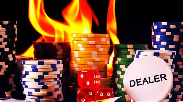Gambling Poker Cards Money Chips and Red Dices on Fire  Photo