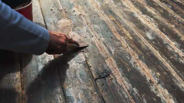 Applying Glue Spatula Wooden Floor Gaps Floor — Stock Video