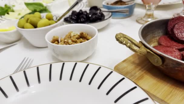 Tradicional Turco Desayuno Conjunto Sabores Platos — Vídeo de stock