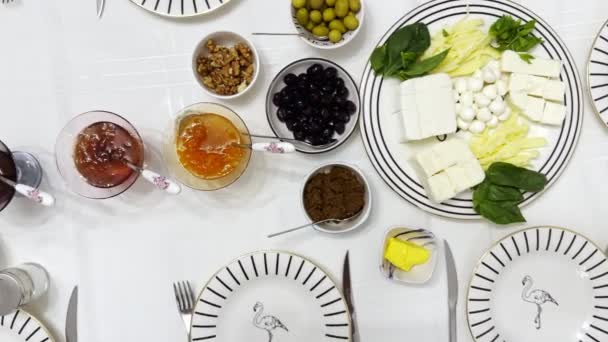 Tradycyjny Turecki Zestaw Śniadaniowy Smaki Potraw — Wideo stockowe