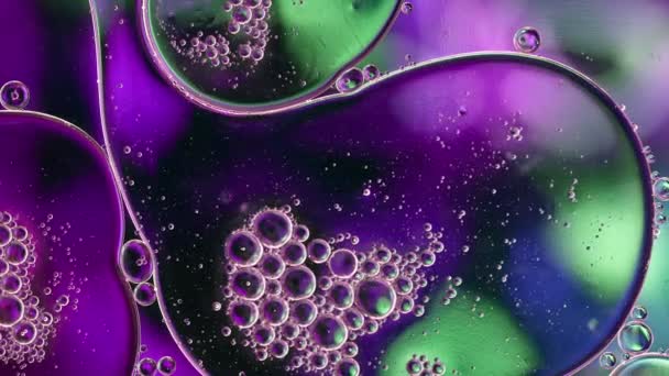 Abstracto Colorido Aceite Comida Gotas Burbujas Esferas Que Fluyen Agua — Vídeo de stock
