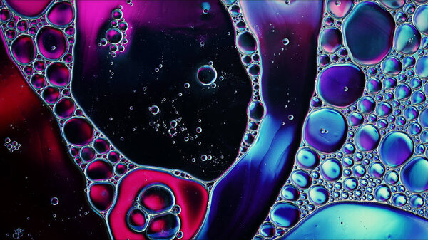 Abstract Colorful Food Oil Drops Bubbles and spheres Flowing on Water Surface, macro Photography