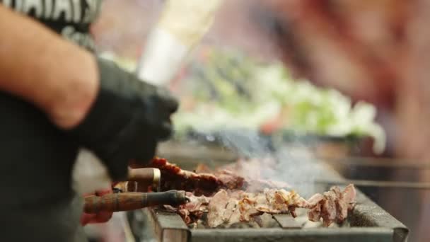 Makanan Tradisional Turki Doner Cag Kebab Atas Api — Stok Video