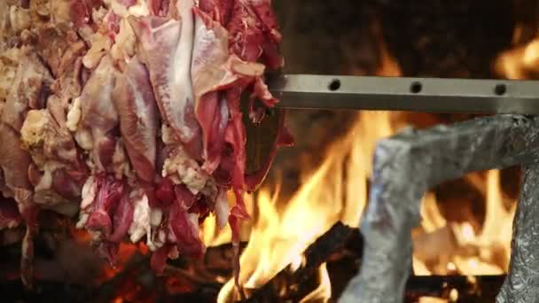 Turecki Tradycyjny Żywności Doner Cag Kebab Ogień — Wideo stockowe