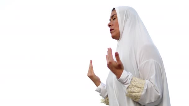 Blind Muslim Young Woman White Prayer Outfit Praying Allah — Stock Video