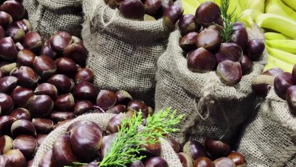 Organic Vegetable Raw Chestnuts Bazaar — Stock Video
