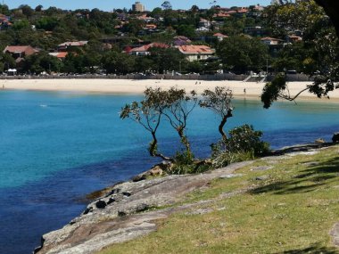 22 Kasım 2022 - Balmoral Beach, NSW, Avustralya: Önünde çimen ve kayalar olan deniz ve kumlu plaj manzarası. Yüksek kalite fotoğraf