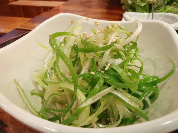 Shredded Spring Onions Sesame Seeds White China Bowl South Korean — Stock Photo, Image