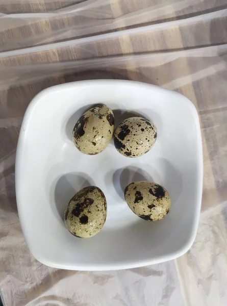 生の調理されていない4つの卵をプラスチック製のテーブルクロスのシェルに入れた白い皿 高品質の写真 — ストック写真