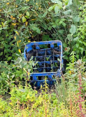 Terk edilmiş mavi plastik süt sandığı çalılık ve yabani otların içinde yatıyor.