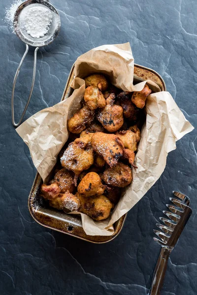 Baking Pan Lined Parchment Paper Filled Deep Fried Fritters Sprinkled — Stock Photo, Image