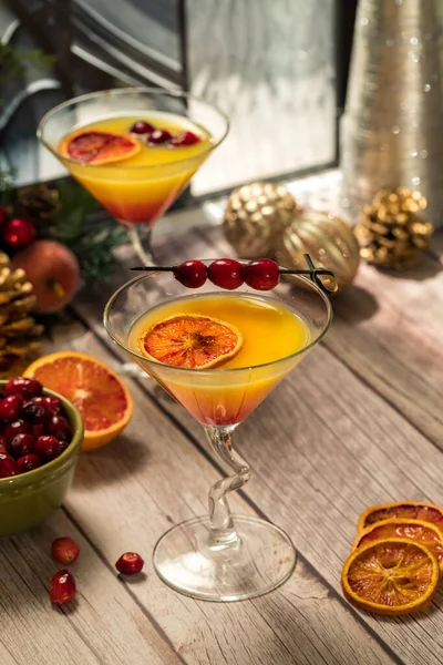 Cranberry Orange Mimosa Cocktails Ready Drinking Festive Background — Stock Photo, Image