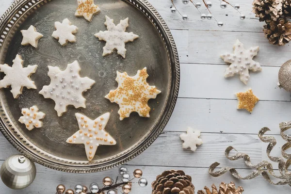 Desaturated Star Snowflake Shaped Sugar Cookies Vintage Platter Surrounded Decorations — Stock Photo, Image