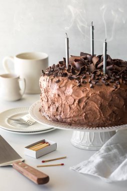 Uzun ev yapımı çikolatalı pasta. Mumlar yeni söndü ve servis için hazır..