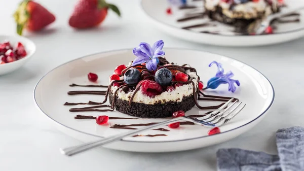 Ένα Κοντινό Πλάνο Από Ένα Μικτό Cheesecake Βατόμουρο Πασπαλισμένο Σοκολάτα — Φωτογραφία Αρχείου