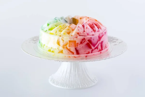 Fruit Flavoured Rainbow Coloured Jelly Mold Pedestal Stand White Background — Stock Photo, Image