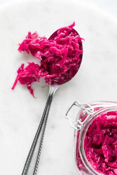 View Spoon Heaped Pickled Beet Cabbage Sauerkraut White Marble Slab — Stock Photo, Image