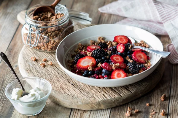 ベリーを含む健康的な朝食ボウルのクローズアップ ギリシャヨーグルト添えグラノーラ — ストック写真