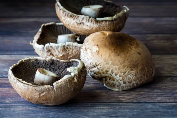Close Fresh Portobello Mushrooms Wooden Table — Stock Photo, Image