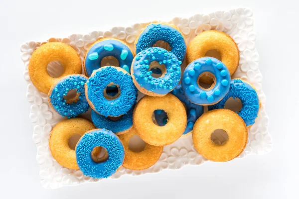 Platter Topped Pile Homemade Plain Blue Chocolate Dipped Donuts — Stock Photo, Image
