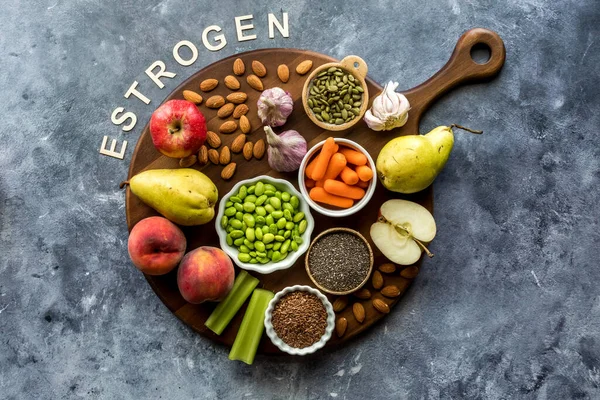 Foods high in phytoestrogens to help balance female hormones during menopause. A nutrition concept.