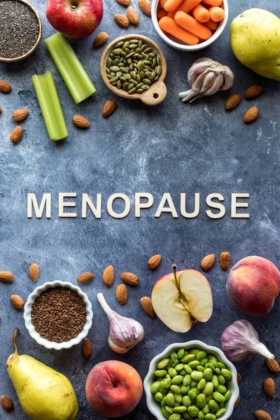 stock image Top down view of foods high in phytoestrogens which may benefit hormones during menopause.