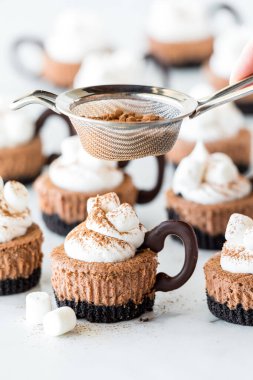 Sıcak kakaolu mini peynirli keklerin yakın plan çekimleri kakao tozuyla kaplanıyor.. 