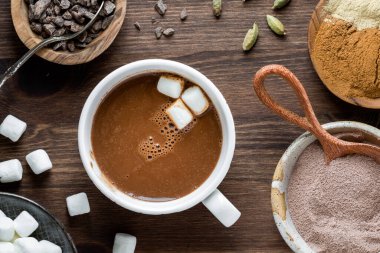 Manzaranın üstünde, içinde malzemeler olan bir fincan çürümüş sıcak kakaoyu inceliyorum.. 