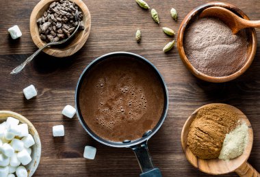 Yukarıdan aşağıya, içinde malzemeler olan küçük bir tencere sıcak kakaoya bak.. 