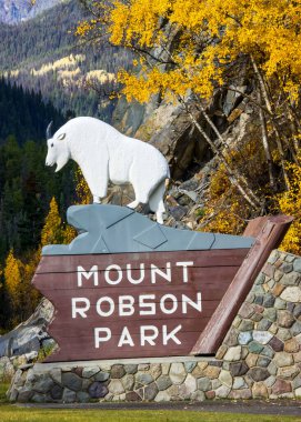 Kanada 'daki British Columbia' daki Robson Dağı Ulusal Parkı 'na giren tabelanın görüntüsü.