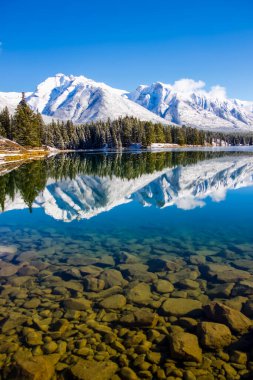 Önünde kayalık bir kıyı şeridi olan Johnson Gölü 'ndeki kar zirvesi manzarası. 