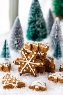 Ağaçlar ve karla çevrili ev yapımı zencefilli kurabiyeler.. 