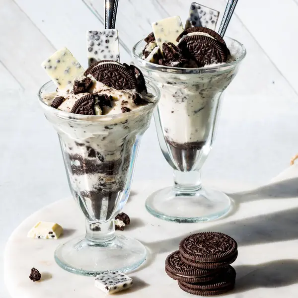 Delicious cookies and cream ice cream parfaits, ready for eating.