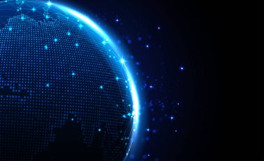 Dijital teknoloji dünya çapında küresel ağ bağlantısı mavi arkaplan, soyut siber teknoloji gelecekteki gezegen haritası dünya, Ai büyük veri, icat 5g kablosuz kablosuz gelecek, illüstrasyon vektörü