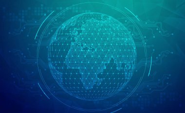 Dijital teknoloji dünya çapında küresel ağ bağlantısı mavi yeşil arkaplan, soyut siber teknoloji fütüristik gezegen dünyası, Ai büyük veri, icat 5g kablosuz kablosuz gelecek, illüstrasyon vektörü