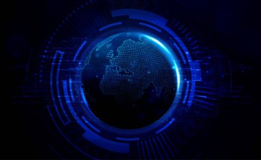 Dijital teknoloji küresel kablosuz kablosuz mavi arkaplan, siber büyük veriler, soyut fütüristik elektronik devre teknolojisi, dünya çapında gelecek internet ağı bağlantısı, illüstrasyon vektörü