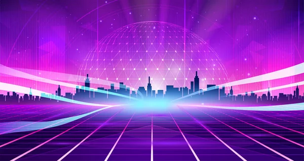 デジタル技術回避ネオンブルーピンク紫の背景 サイバー情報 抽象速度接続通信 レトロな未来メタ技術 インターネットネットワーク接続 愛ビッグデータイラスト3D — ストックベクタ