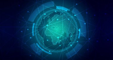 Dijital teknoloji dünya çapında küresel ağ bağlantısı mavi yeşil arkaplan, soyut siber teknoloji fütüristik dünya, Ai büyük veri, İnovasyon 5g kablosuz kablosuz gelecek, illüstrasyon vektörü 3d