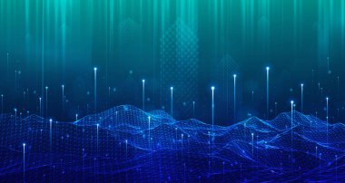 Dijital teknoloji hızı mavi yeşil arkaplan, siber nano bilgi, soyut iletişim, yenilik gelecekteki teknoloji verileri, internet ağı bağlantısı, Ai büyük veri, çizgi nokta illüstrasyonu 3d