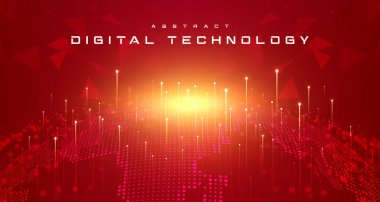Dijital teknoloji dünya çapında küresel ağ bağlantısı kırmızı arkaplan, soyut bulut siber teknoloji geleceksel harita dünyası, Ai büyük veri, icat 5g kablosuz kablosuz gelecek, gökyüzü illüstrasyon vektörü