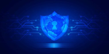 Soyut dijital teknoloji güvenli kilit mavi arka plan, Siber güvenlik teknisyeni, icat gelecek Ai büyük veri, internet ağ bağlantısı, bulut yüksek teknoloji illüstrasyon vektörü