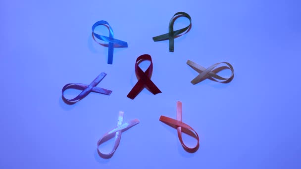 Cancer Disease Symbol Colored Ribbons Close World Cancer Awareness Day — Vídeo de Stock
