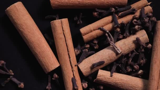 Fragrant Spices Cinnamon Sticks Dried Cloves Rotating Black Background Close — 비디오