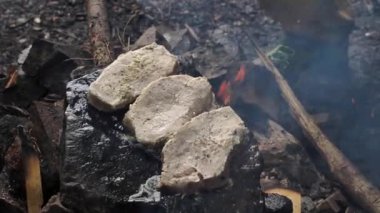 Bir el adamı et pişirir, ormandaki bir kayanın üzerinde biftek hazırlar yakın plan bir yürüyüş. Tarlada yemek pişirmek için ateşte yakılan şenlik ateşi.