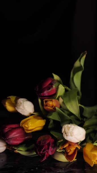 Květinářství Vytváří Kytici Jarních Květin Barevné Tulipány Rotující Zblízka Izolované — Stock video