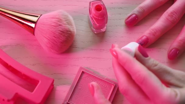 Woman Teenager Makes Manicure Paints Her Nails Neon Pink Style — Stock Video