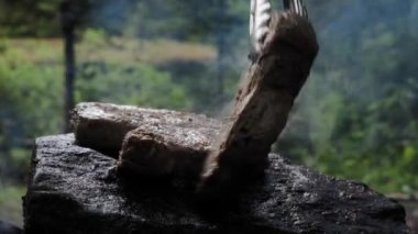 Bir el şefi et pişirir, ormanda bir kayanın üzerinde biftek hazırlar yakın plan bir yürüyüş. Tarlada yemek pişirmek için ateşte yakılan şenlik ateşi.